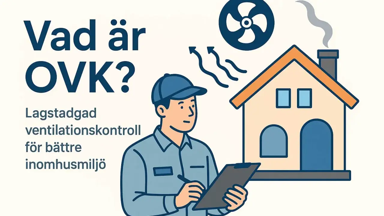 En tekniker utför obligatorisk ventilationskontroll (OVK) vid ett hus för att säkerställa god inomhusmiljö.