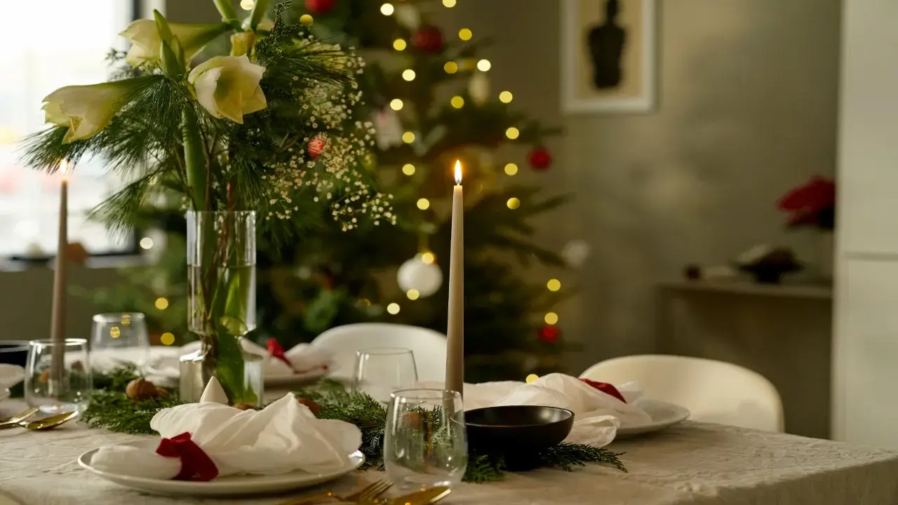 Vacker julpynt inspiration med dukat bord, amaryllis och julgran i bakgrunden. Ljusen skapar en mysig stämning.