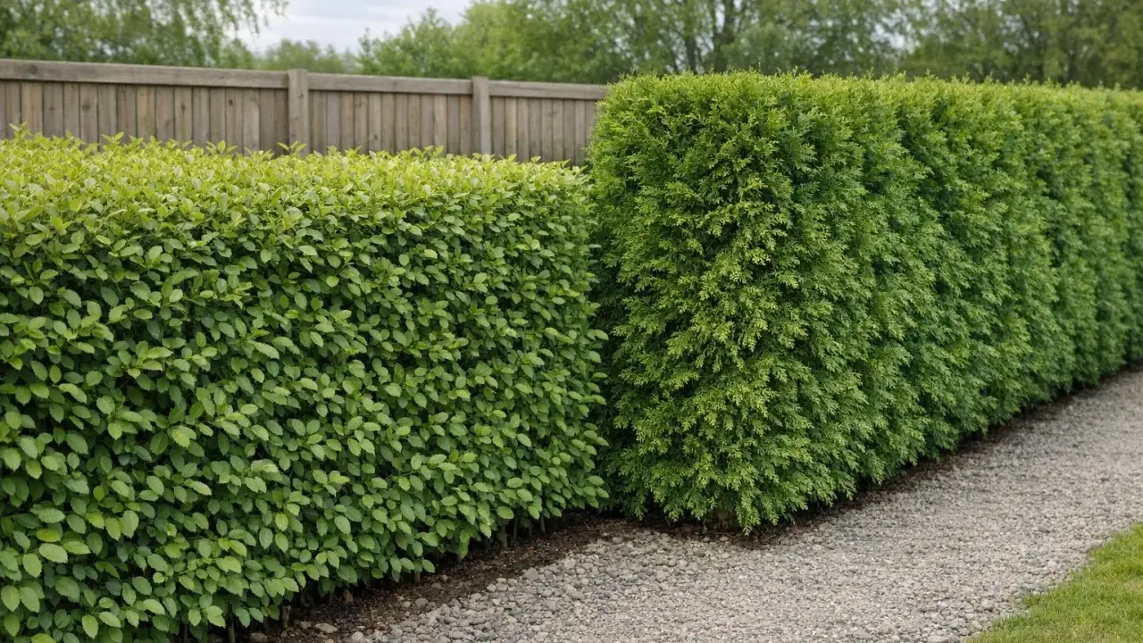 En tät ligusterhäck växer bredvid en annan grön häck. Plantera liguster med rätt avstånd för en frodig häck.