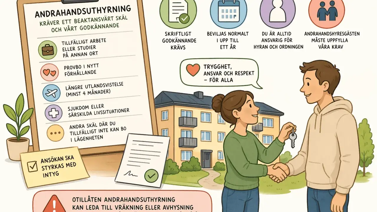En kvinna ger en nyckel till en man framför ett hyreshus. Texten varnar för otillåten andrahandsuthyrning.