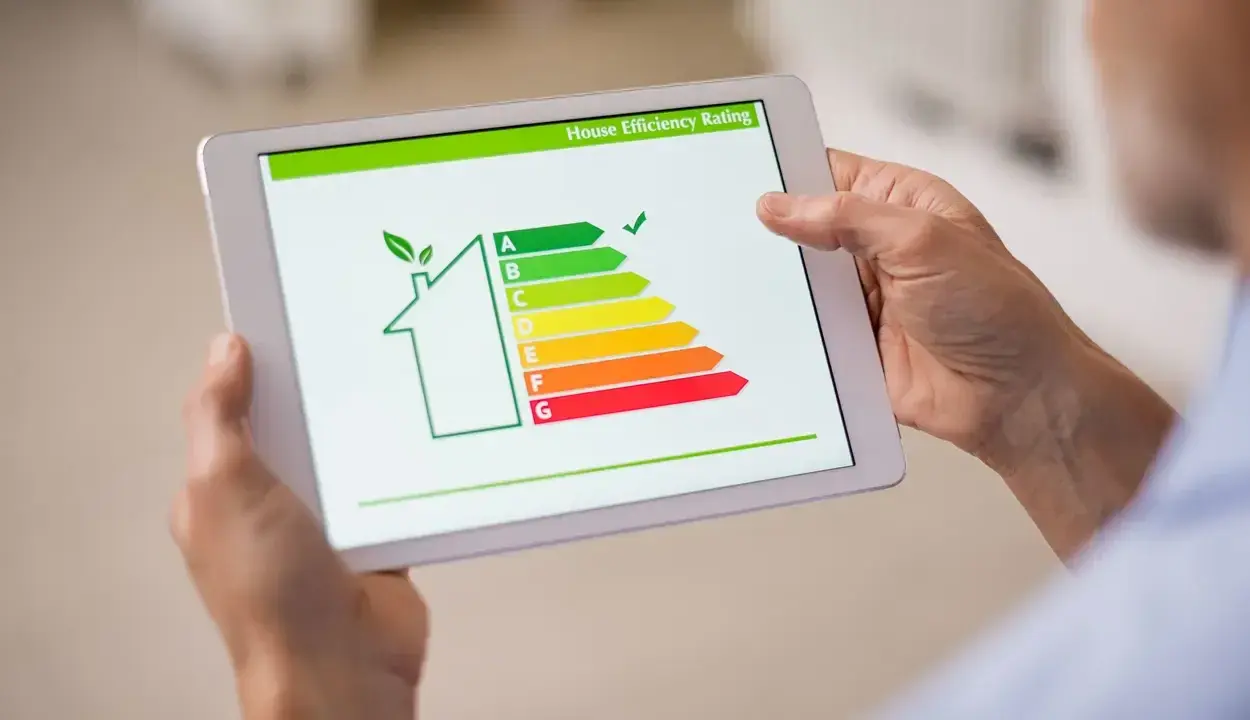 En person håller en surfplatta som visar en energideklaration för en bostadsrättsförening (brf) med en skala från A till G.