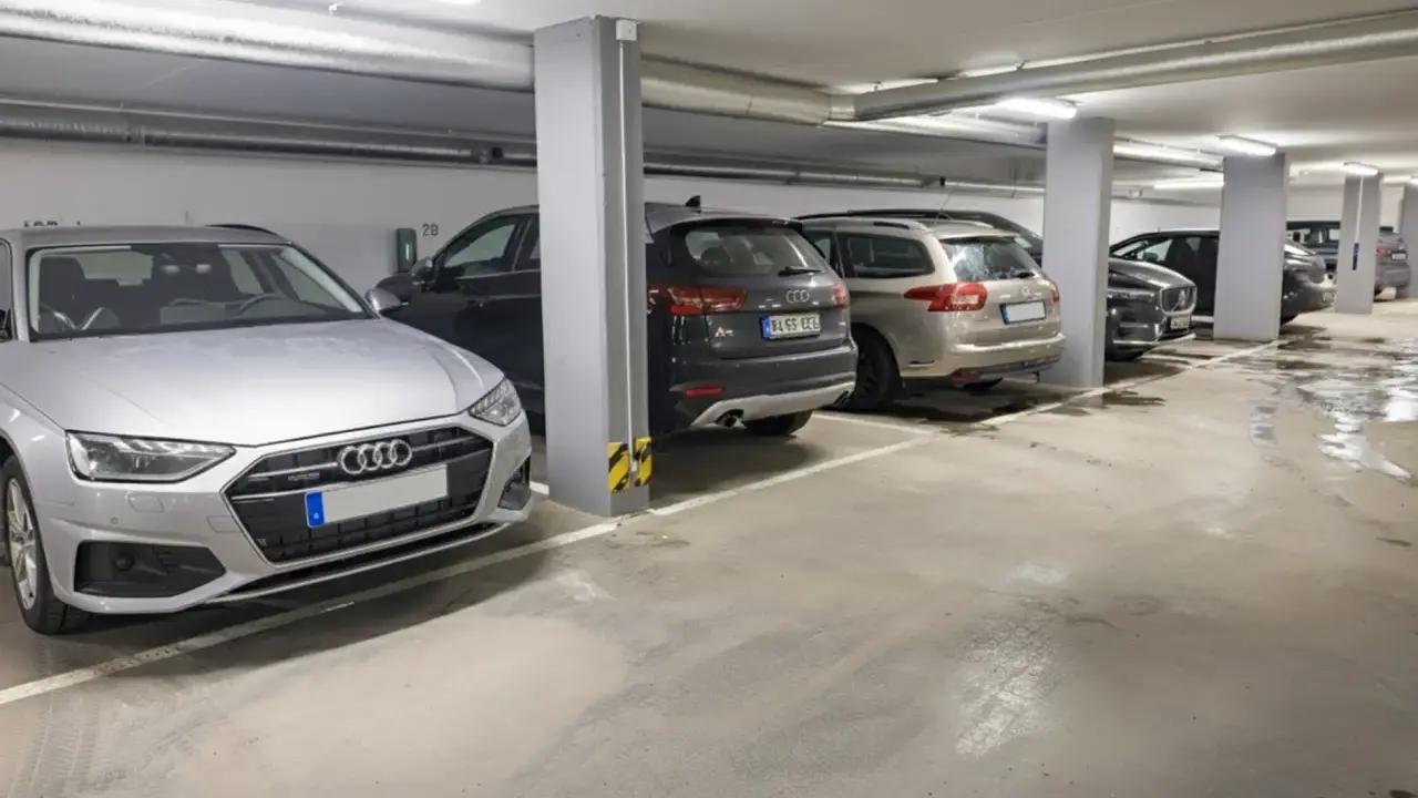 Parkeringsplats i garage med flera bilar. Kanske ett avtal parkeringsplats brf som reglerar användningen.