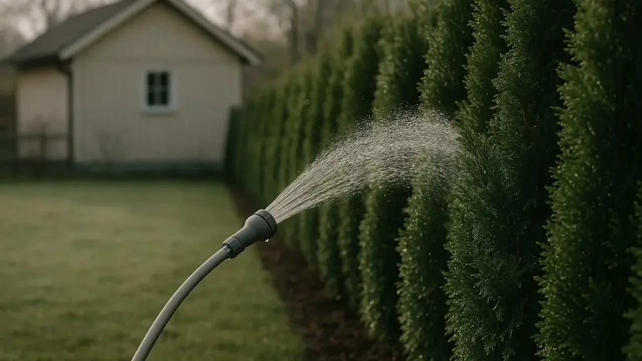 Vatten sprutar från en slang mot en häck av thuja. En liten vit byggnad syns i bakgrunden.