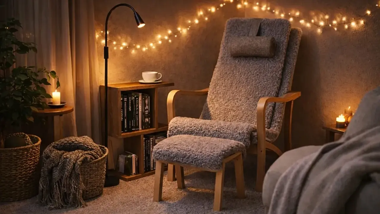 Ett mysigt tv-rum med en bekväm fåtölj, tända ljus och julbelysning. Perfekt för en lugn kväll.