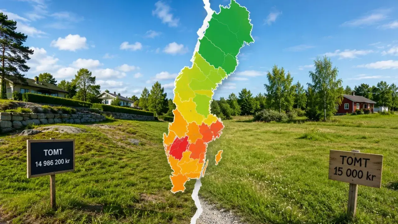 Två skyltar visar "TOMT" med olika priser. En färgad karta över Sverige delar bilden, med grönt i norr och rött i söder.