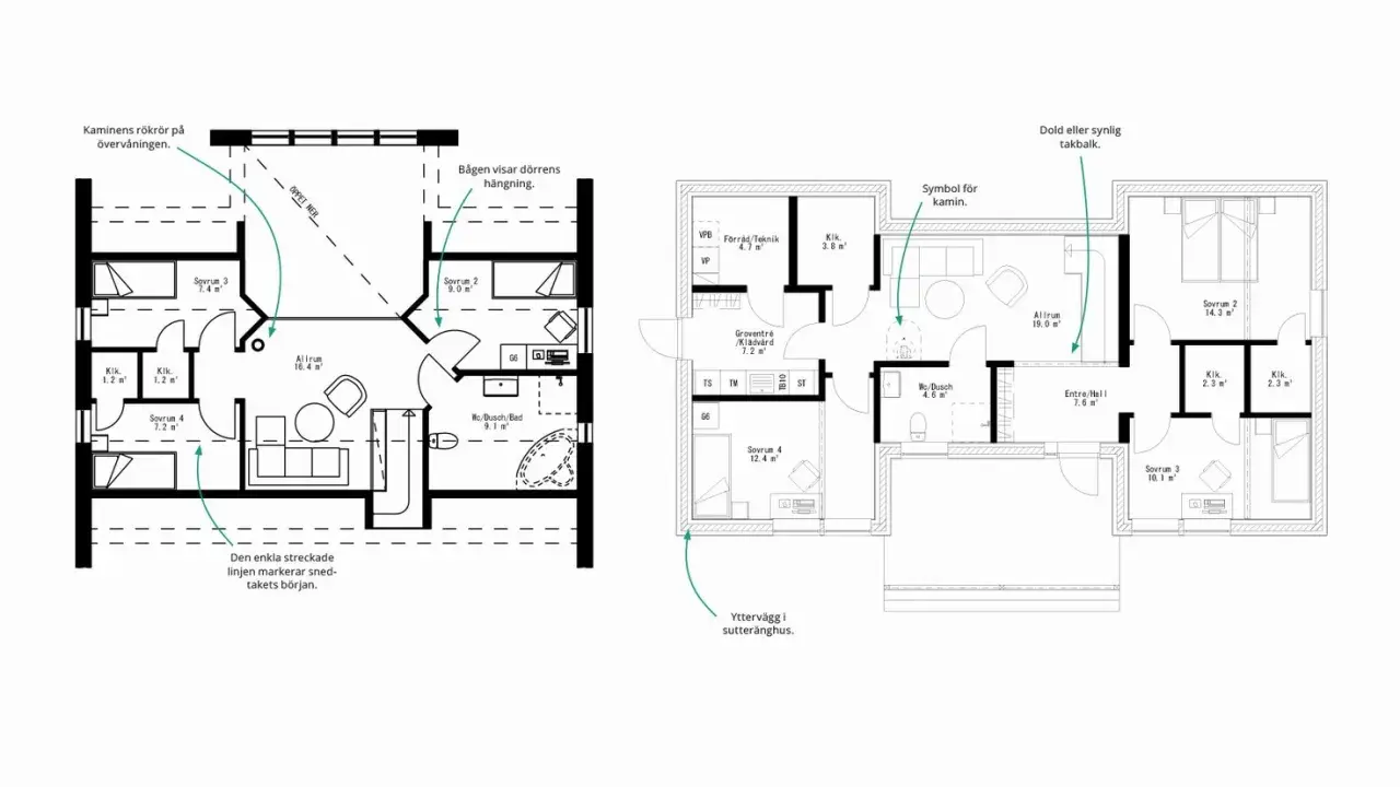 Planritning med symboler som visar planlösning, dörrhängning, kamin och takbalkar.