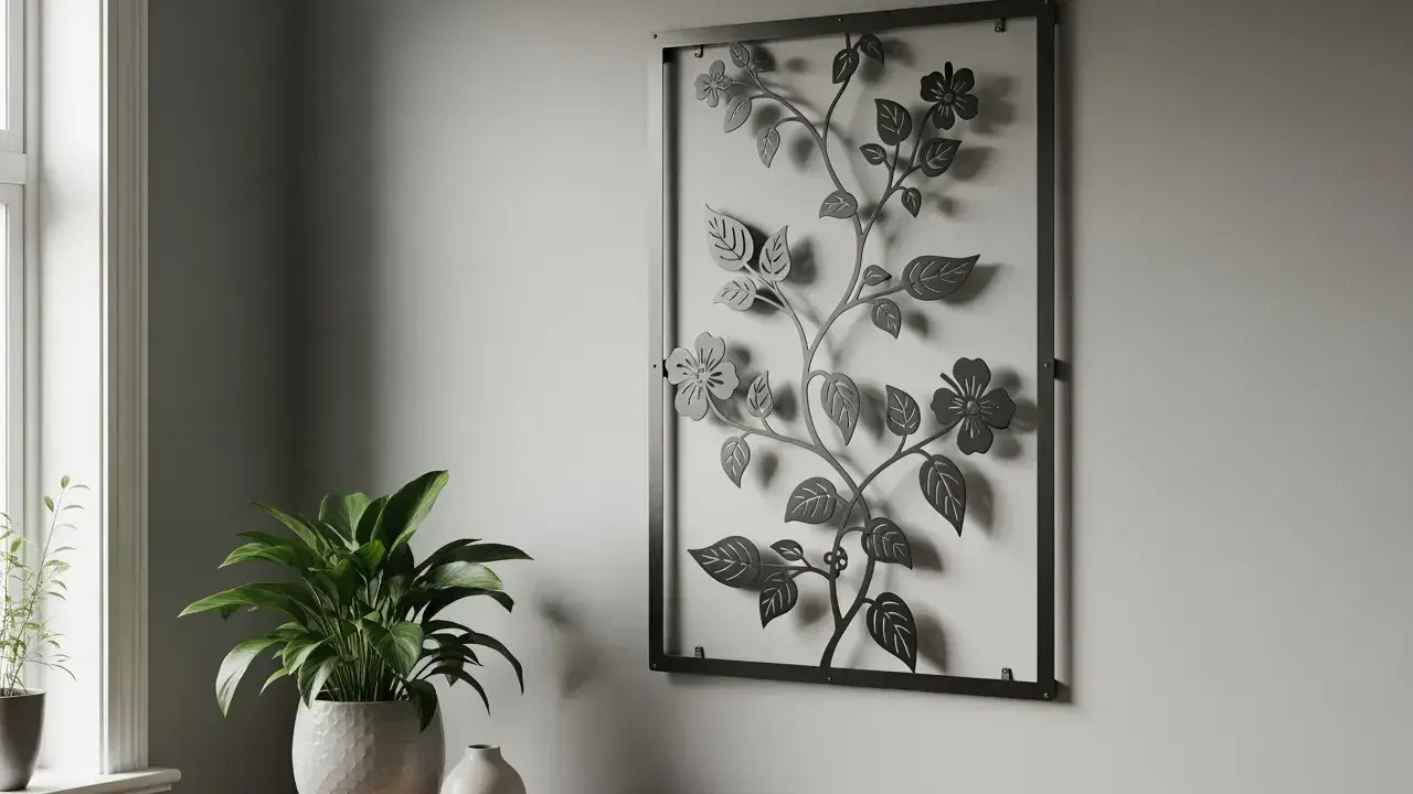 Väggdekoration i metall med blommor och blad, perfekt för att förhöja din inredning. Gröna växter och en vas bidrar till en lugn atmosfär.