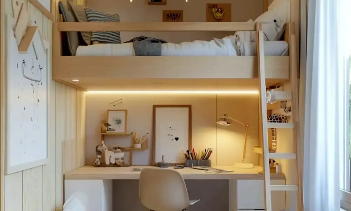 Litet barnrum inspo med loftsäng, skrivbord och mysig belysning. Perfekt för lek och läxläsning.