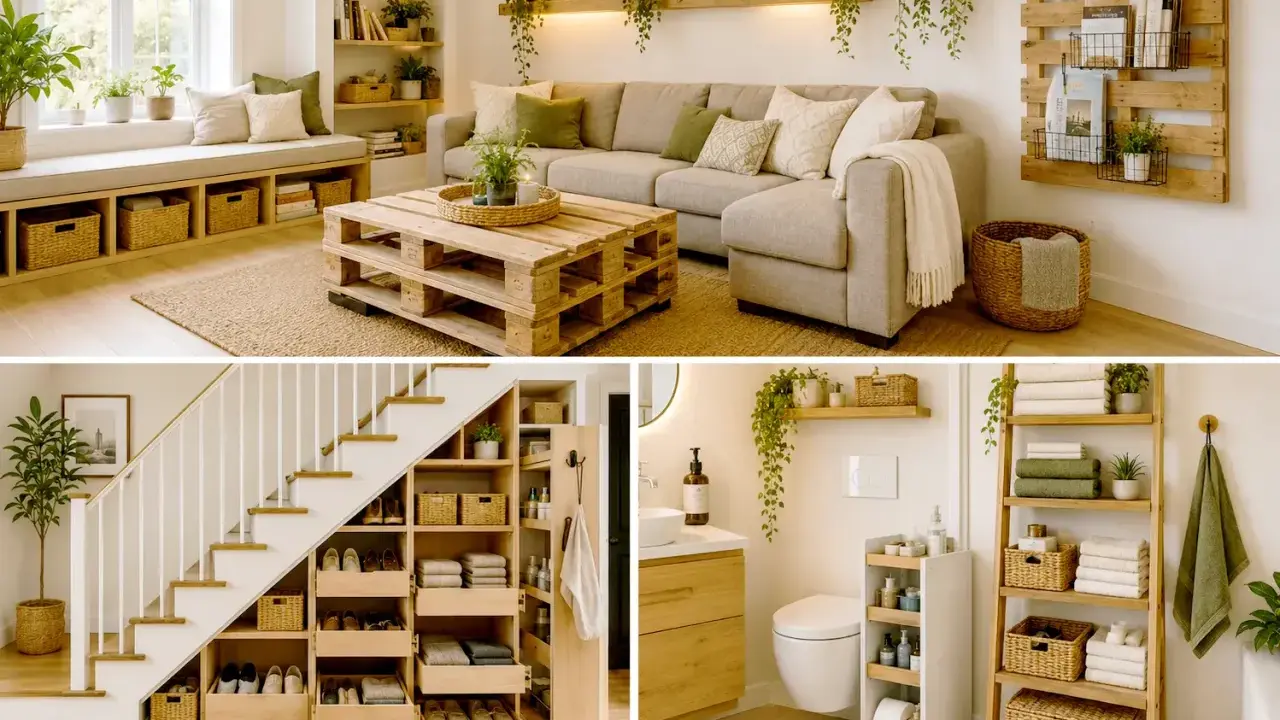 Inspiration renovering: Ljust vardagsrum med soffa, pall-bord och förvaring. Smart förvaring under trappan och ett fräscht badrum.
