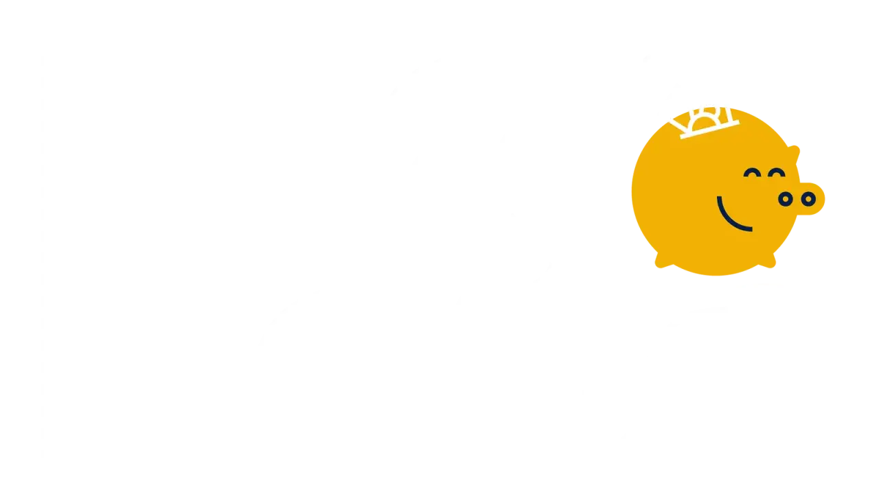 En glad spargris med pengar på huvudet, som symboliserar goda nyckeltal brf.