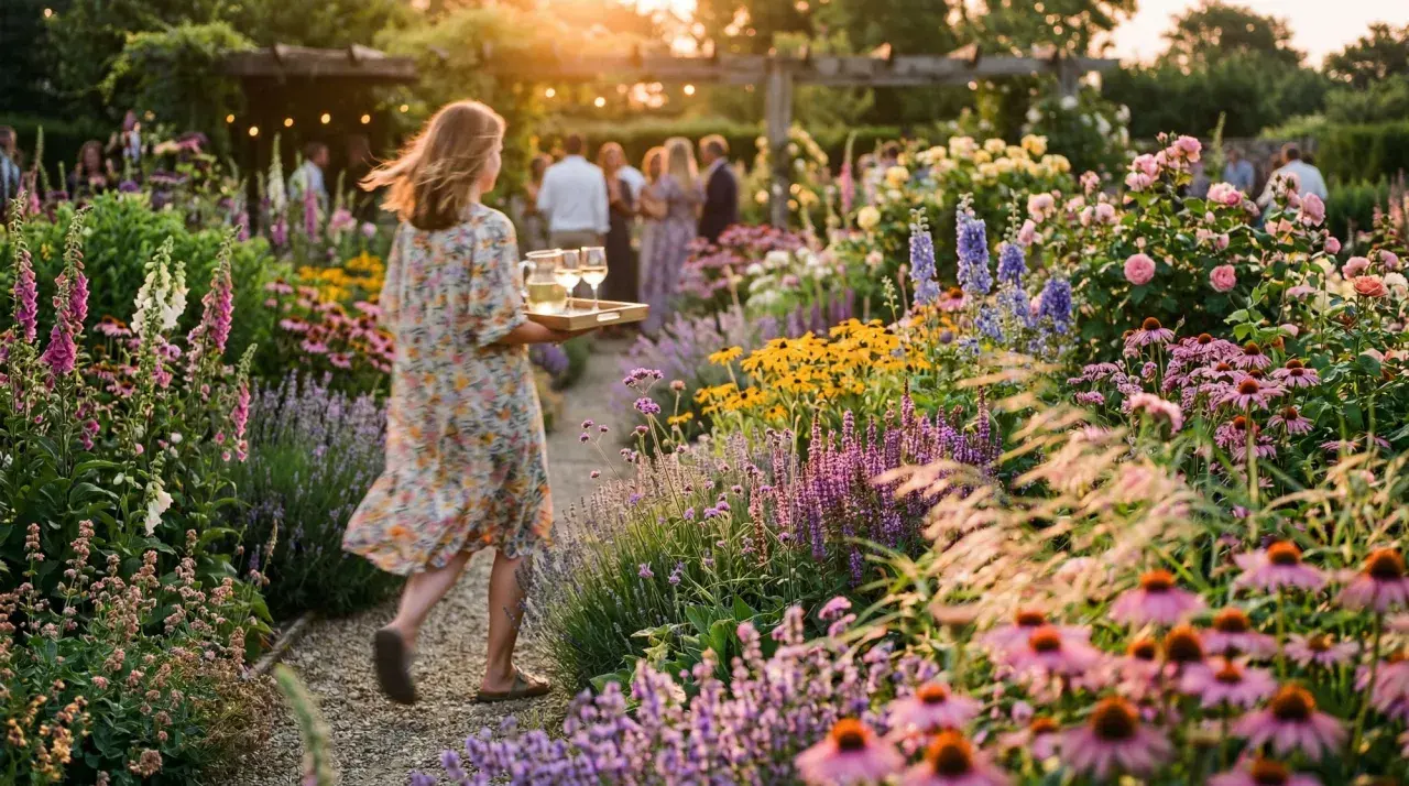 En kvinna bär en bricka med glas genom en trädgård fylld av klockformade blommor i olika färger.