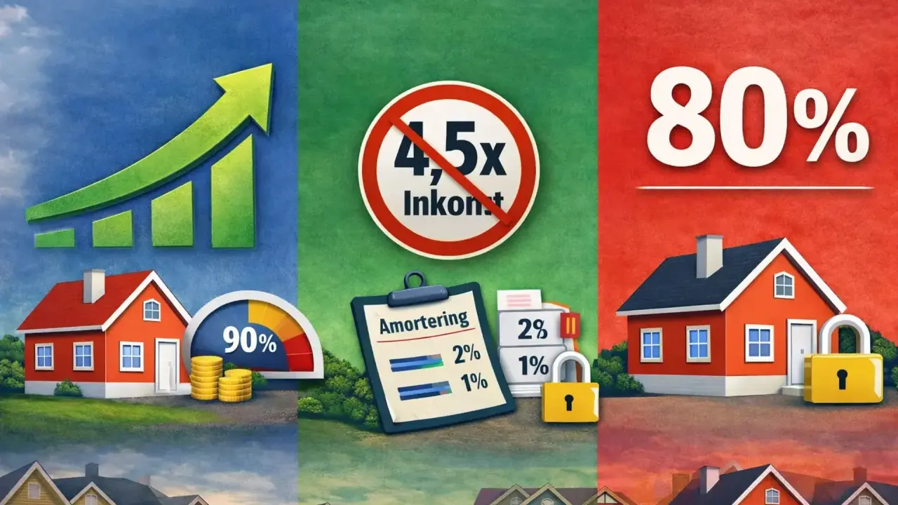 Grafisk illustration visar hus, en stigande graf, mynt och en mätare. En text visar "Amortering" med siffror som 2% och 1%. En symbol med "4,5x Inkomst" är överkryssad. En annan del visar "80%" och ett hus med ett lås.