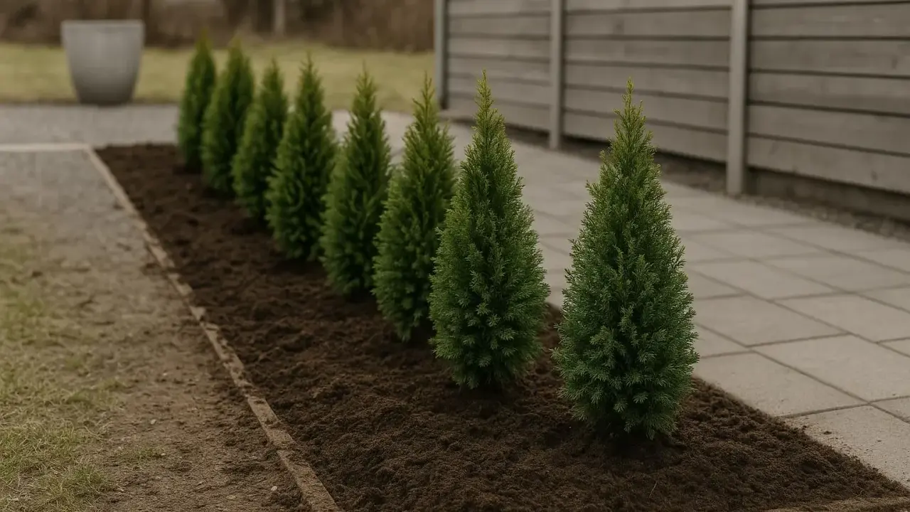 En rad med små, gröna tuja buskar planterade i mörk jord. En grå stenlagd gång leder förbi.