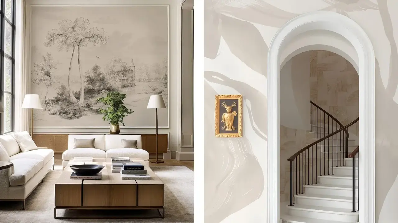 Vänster: Vardagsrum med en stor väggmålning i klassisk design som föreställer ett landskap. Höger: En elegant trappa med en bågad öppning och en konstnärlig väggmålning.