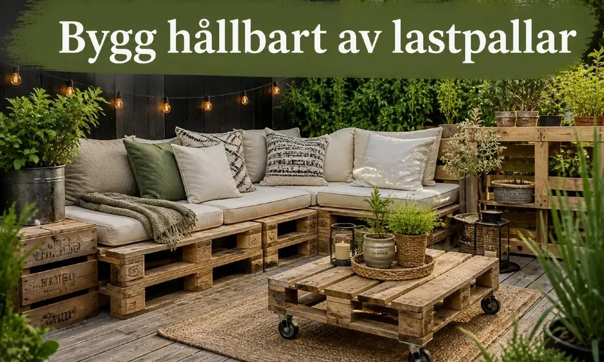 En bekväm soffa och ett soffbord av lastpallar skapar en mysig uteplats.