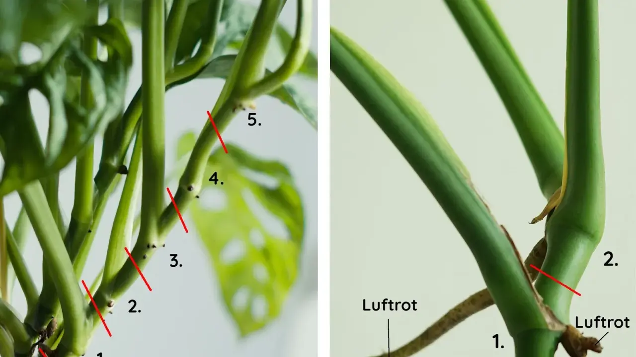 Här visas hur man beskär en Monstera. Röda linjer markerar var man ska klippa, och man kan se var luftrötter finns. Om det finns bruna blad, ska man klippa bort dem.