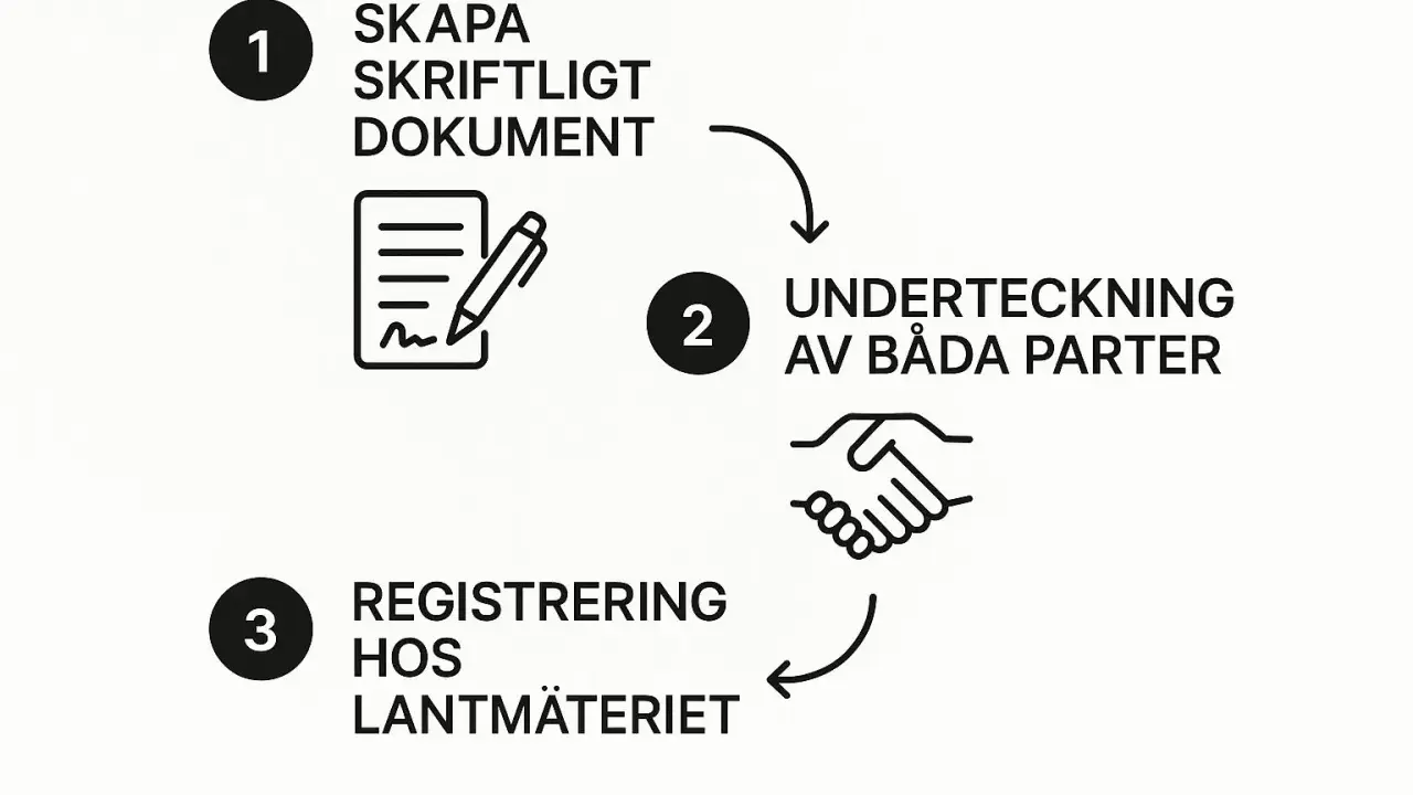 Steg för att registrera en gåva: 1. Skapa dokument, 2. Underteckna, 3. Registrera hos Lantmäteriet. Tänk på lagfartskostnad vid gåva.
