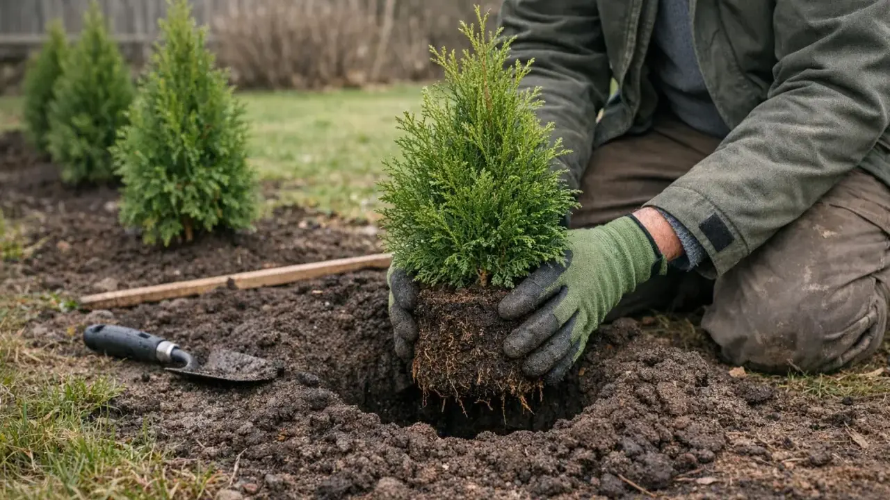 Person planterar thuja mot granne. En spade ligger bredvid det nygrävda hålet.