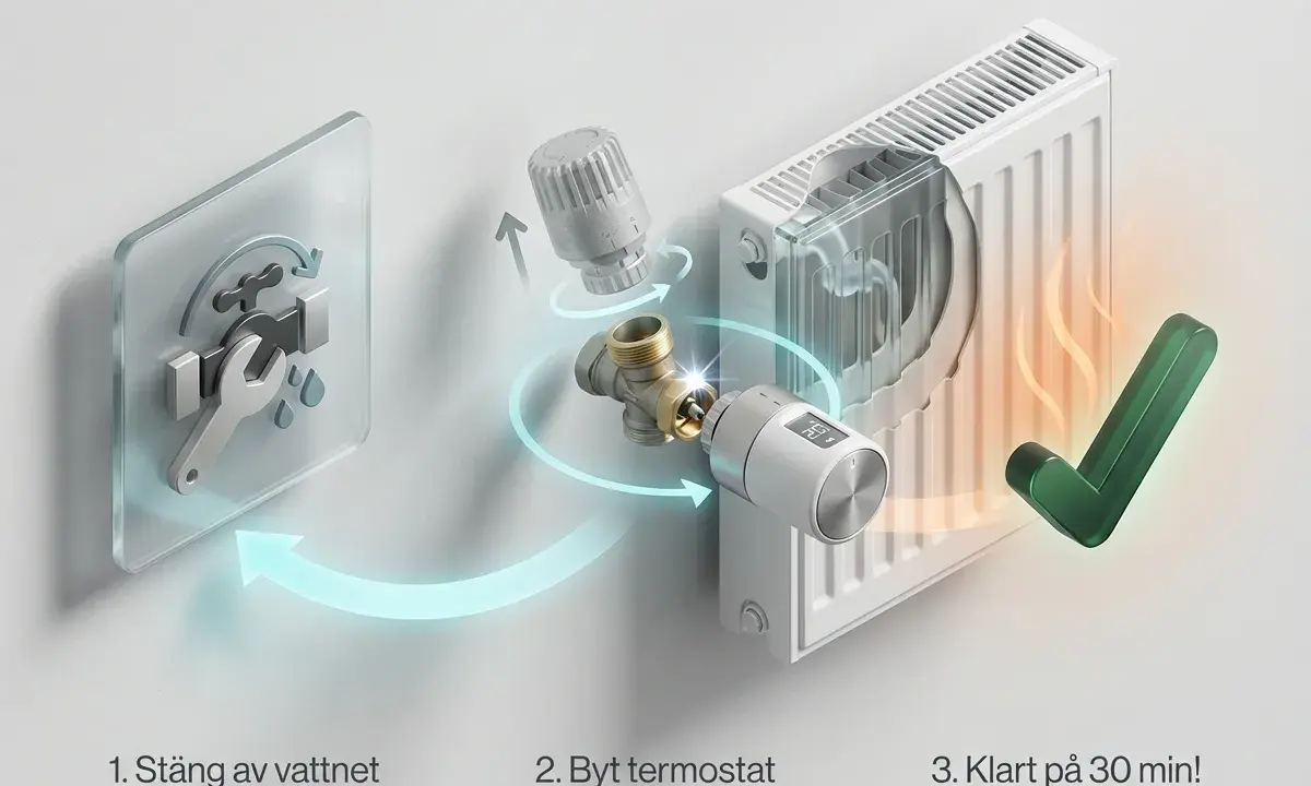 Steg-för-steg-guide för att byta termostat på elementet. Stäng av vattnet, byt termostat, klart på 30 min! Nu slipper du ha det kallt.