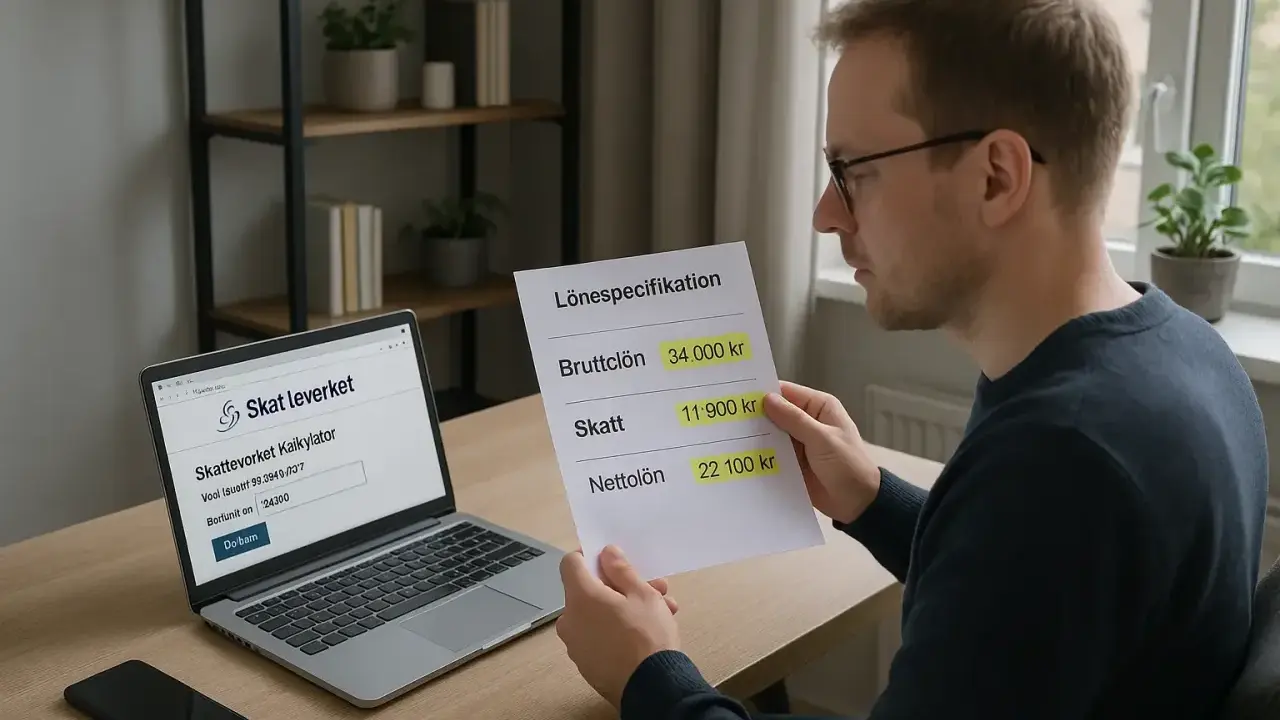 Man granskar en lönespecifikation och en skattekalkylator på en laptop. Kanske förbereder han sig för att deklarera sin fastighetsskatt för en industrifastighet.