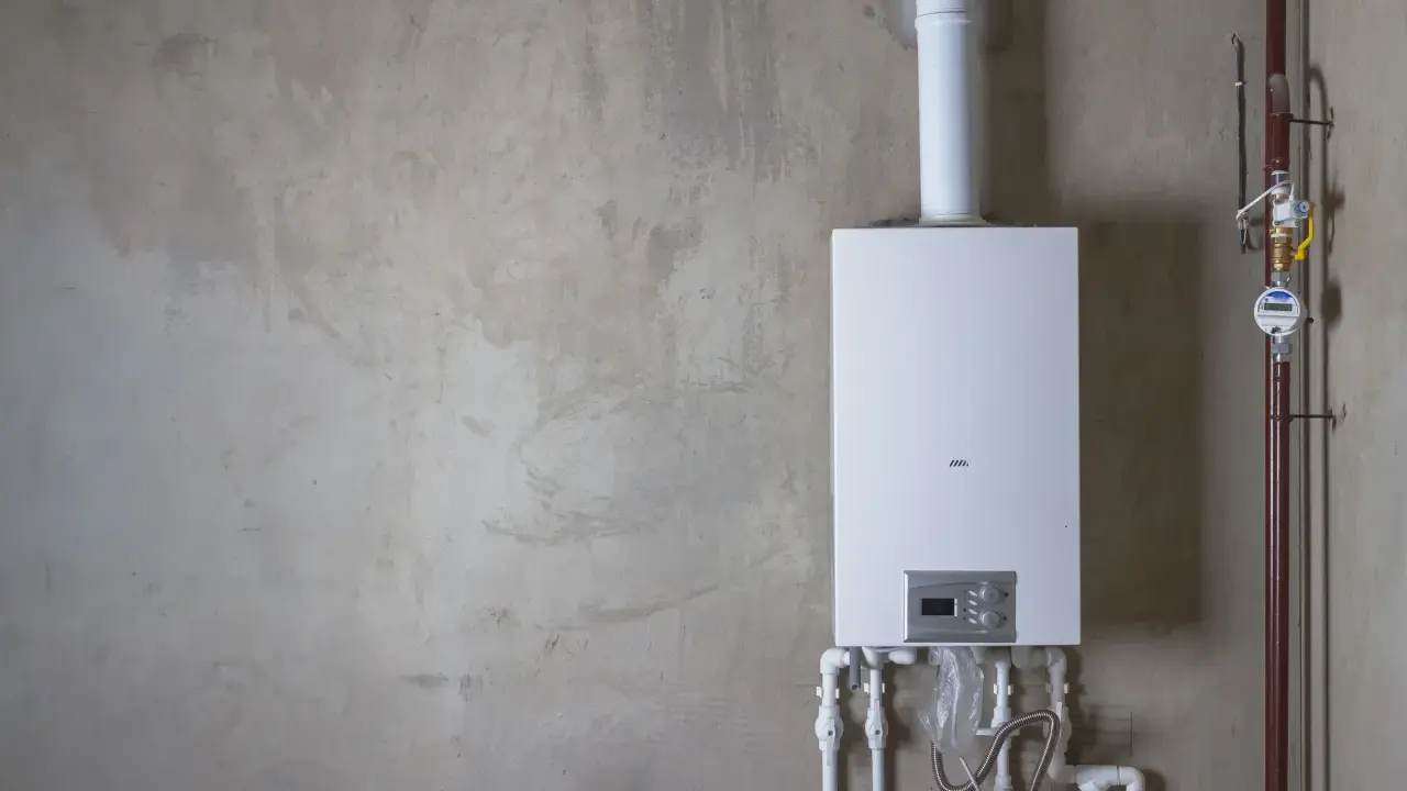 Installation av varmvattenberedare, pris och funktioner. En vit varmvattenberedare monterad på en betongvägg med röranslutningar.