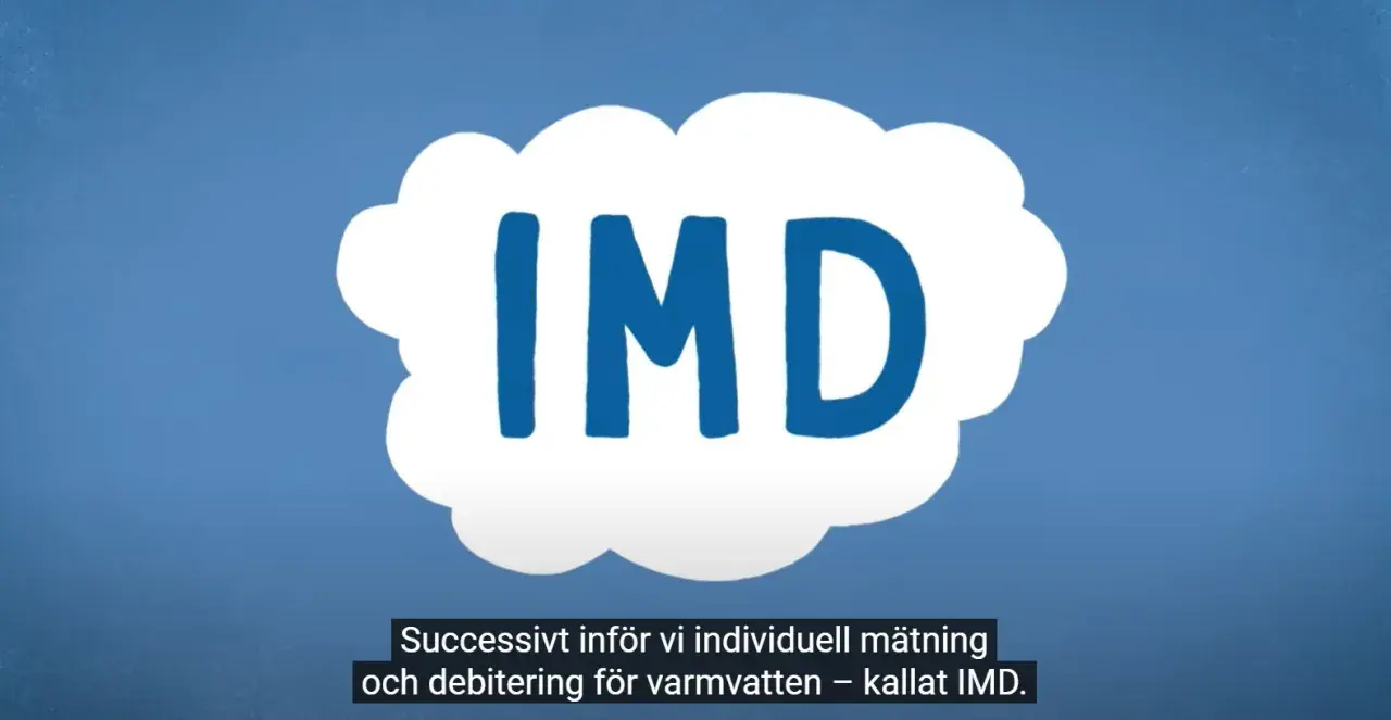 Blå bakgrund med en vit molnliknande form som innehåller texten "IMD". Texten under förklarar att det handlar om individuell mätning och debitering för varmvatten, kallat IMD.