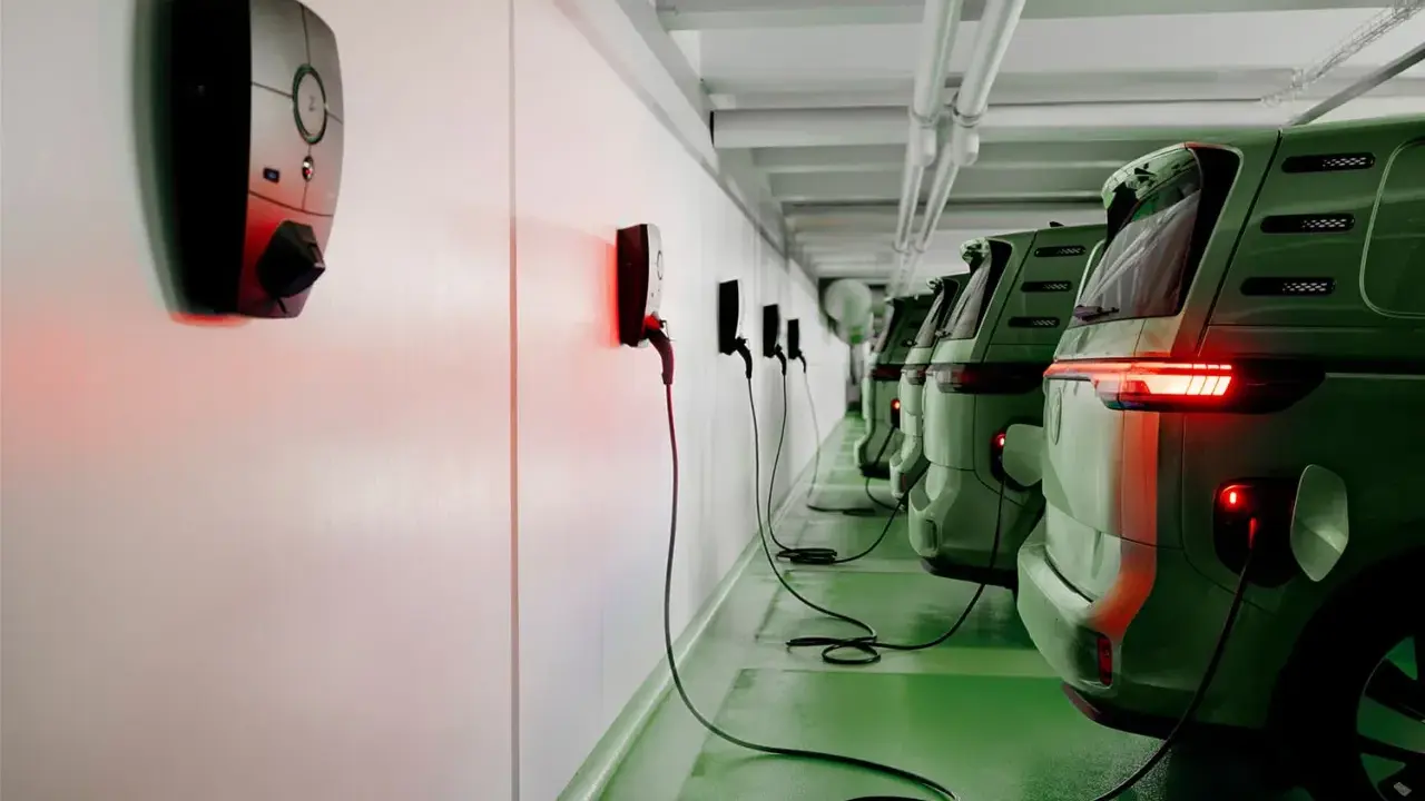 Rad med gröna elbilar laddas vid laddstolpar. Systemet för debitering laddstolpar är igång, vilket syns på de röda lamporna.