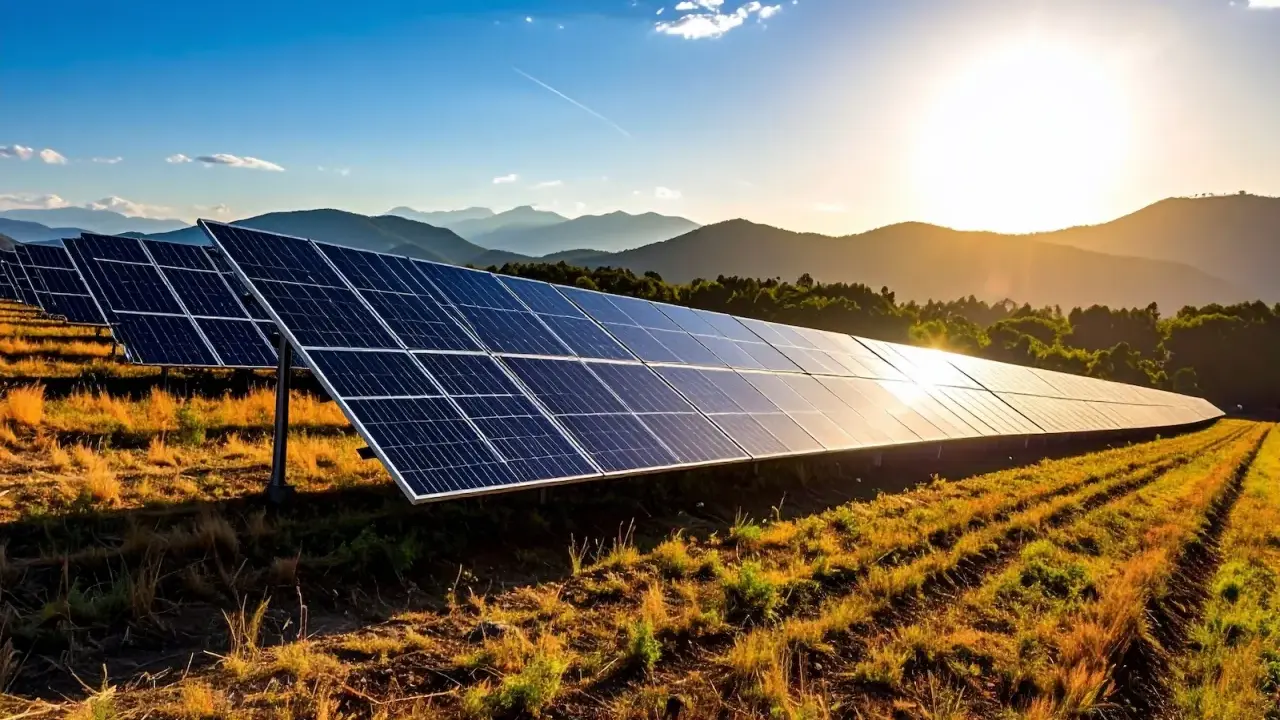 Solceller brf i solnedgången, med berg i bakgrunden. En grön och hållbar framtid för föreningen.