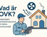 En tekniker utför obligatorisk ventilationskontroll (OVK) vid ett hus för att säkerställa god inomhusmiljö.