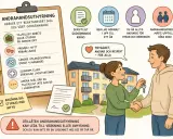 En kvinna ger en nyckel till en man framför ett hyreshus. Texten varnar för otillåten andrahandsuthyrning.