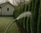 Vatten sprutar från en slang mot en häck av thuja. En liten vit byggnad syns i bakgrunden.