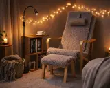 Ett mysigt tv-rum med en bekväm fåtölj, tända ljus och julbelysning. Perfekt för en lugn kväll.