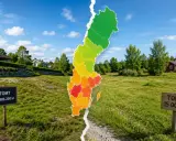 Två skyltar visar "TOMT" med olika priser. En färgad karta över Sverige delar bilden, med grönt i norr och rött i söder.
