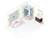 Illustration av ett badrum med badkar, dusch och handfat. Måttlinjer visar avstånd och zoner för installation av el-element till badrum.