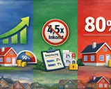 Grafisk illustration visar hus, en stigande graf, mynt och en mätare. En text visar "Amortering" med siffror som 2% och 1%. En symbol med "4,5x Inkomst" är överkryssad. En annan del visar "80%" och ett hus med ett lås.