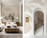 Vänster: Vardagsrum med en stor väggmålning i klassisk design som föreställer ett landskap. Höger: En elegant trappa med en bågad öppning och en konstnärlig väggmålning.