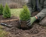 Person planterar thuja mot granne. En spade ligger bredvid det nygrävda hålet.