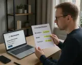Man granskar en lönespecifikation och en skattekalkylator på en laptop. Kanske förbereder han sig för att deklarera sin fastighetsskatt för en industrifastighet.