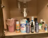Under diskbänken finns en rosa soptunna och diverse rengöringsmedel, inklusive OdoBan och Lysol-servetter, som kanske ska råda bot på dålig lukt i handfatet.