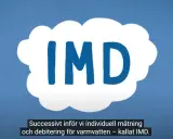 Blå bakgrund med en vit molnliknande form som innehåller texten "IMD". Texten under förklarar att det handlar om individuell mätning och debitering för varmvatten, kallat IMD.