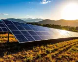 Solceller brf i solnedgången, med berg i bakgrunden. En grön och hållbar framtid för föreningen.