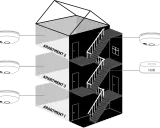 Illustration av ett hus med trapphus och lägenheter. Visar hur ett systematiskt brandskyddsarbete i en brf kan integreras med en hub för övervakning.