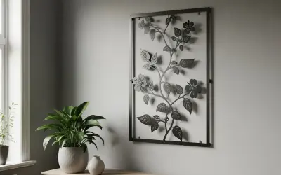 Väggdekoration i metall med blommor och blad, perfekt för att förhöja din inredning. Gröna växter och en vas bidrar till en lugn atmosfär.