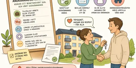 En kvinna ger en nyckel till en man framför ett hyreshus. Texten varnar för otillåten andrahandsuthyrning.