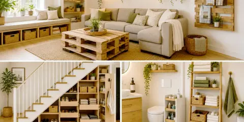 Inspiration renovering: Ljust vardagsrum med soffa, pall-bord och förvaring. Smart förvaring under trappan och ett fräscht badrum.