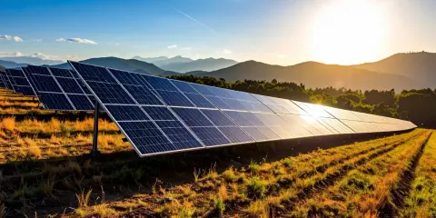Solceller brf i solnedgången, med berg i bakgrunden. En grön och hållbar framtid för föreningen.