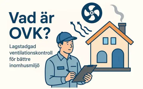 En tekniker utför obligatorisk ventilationskontroll (OVK) vid ett hus för att säkerställa god inomhusmiljö.