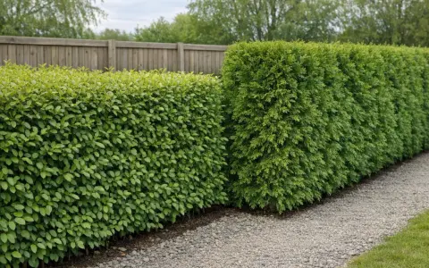 En tät ligusterhäck växer bredvid en annan grön häck. Plantera liguster med rätt avstånd för en frodig häck.