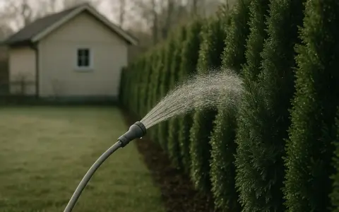 Vatten sprutar från en slang mot en häck av thuja. En liten vit byggnad syns i bakgrunden.