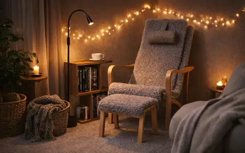 Ett mysigt tv-rum med en bekväm fåtölj, tända ljus och julbelysning. Perfekt för en lugn kväll.
